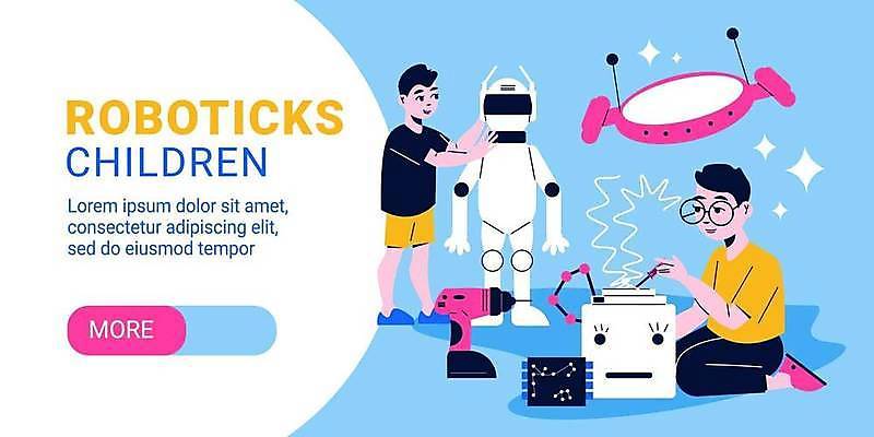 EPS 해외이미지 템플릿 디자인 배너 어린이 선 과학 백그라운드 일러스트 놀이 미래 그래픽 가로 장난감 디지털 기계 마음 플랫 철 사이버 로봇 레이아웃 반도체 공상 안드로이드 조립 구성 베터리 제어 지능 프로그래밍 휴머노이드 해외일러스트 컨셉 사람 작업 개발 파일형식 벡터 이미지허브