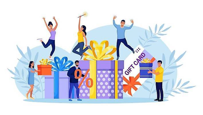 EPS 해외이미지 전신 여자 남자 일러스트 들기 여러명 성인 금융 선물상자 점프 만세 춤 퍼센트 결제 성인만 기프트카드 해외일러스트 다수 모션 문화예술 선물 사람 경제 상자 카드 특수기호 파일형식 벡터 이미지허브