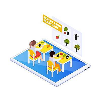 EPS 해외이미지 전신 여자 어린이교육 남자 어린이 의자 일러스트 앉기 소년 두명 태블릿 스크린 스마트 책상 아이소메트릭 홈스쿨 홈스쿨링 어린이만 해외일러스트 교육 가구 컨셉 모션 사람 전자제품 스마트기기 파일형식 벡터 이미지허브