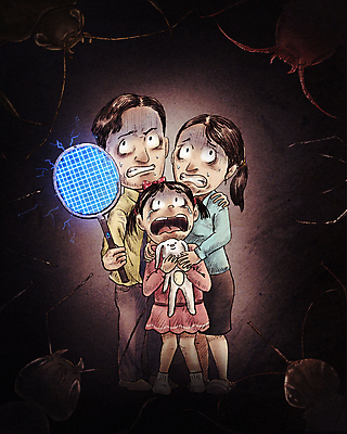 전신 PSD 여자 남자 딸 어린이 일러스트 가족 엄마 서기 들기 소녀 성인 세명 검은색 놀람 아빠 해충 위험 무서움 눈물 공포 개미 토끼인형 긴장 포위 바퀴벌레 모기 지네 어깨에손 모기채 전기파리채 국내일러스트 감정 인형 컬러 곤충 컨셉 절지류 관계 모션 표정 사람 도구 토끼 벌레 파일형식