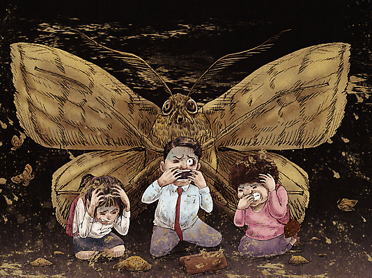 전신 PSD 여자 남자 중년 일러스트 청소년 성인 세명 찡그림 해충 무릎꿇기 공격 무서움 가루 뿌리기 공포 입가림 웅크림 나방 감싸기 몬스터 매미나방 국내일러스트 감정 곤충 모션 표정 사람 가림 벌레 파일형식