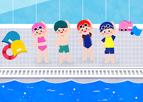 여자 어린이교육 남자 수영복 어린이 허리손 일러스트 수영장 함께함 서기 소녀 소년 여러명 손들기 스트레칭 물안경 체조 수영모 수영강습 킥판 어린이만 국내일러스트 AI파일 옷 교육 포즈 다수 컨셉 모션 사람 운동 수영용품 파일형식 벡터