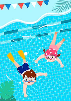 전신 여자 어린이교육 남자 수영복 어린이 하늘색 일러스트 수영장 소녀 소년 두명 수영 물안경 물거품 수영모 야자수잎 가랜드 몬스테라 수영강습 어린이만 국내일러스트 AI파일 식물 옷 교육 잎 사람 파란색 거품 수상스포츠 파티용품 수영용품 파일형식 벡터