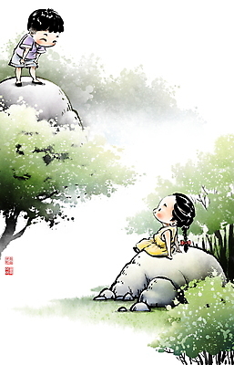 전신 PSD 나무 여자 남자 어린이 일러스트 캘리그라피 서기 앉기 풍경 소녀 소년 두명 여름 마주보기 바위 시골 추억 숲 동양화 어린이만 국내일러스트 식물 계절 컨셉 모션 미술 사람 돌_바위 파일형식