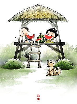 전신 PSD 나무 한마리 여자 남자 어린이 일러스트 캘리그라피 수박 앉기 풍경 소녀 소년 두명 여름 시골 개 강아지 추억 숲 먹기 동양화 원두막 수박씨 침뱉기 어린이만 국내일러스트 식물 1 계절 컨셉 과일 포유류 모션 미술 씨앗 사람 반려동물 파일형식