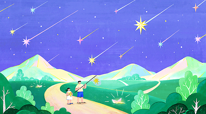 전신 PSD 나무 여자 남자 딸 별 길 어린이 일러스트 상상 밤하늘 동화 산 서기 들기 풍경 소녀 성인 두명 초록색 여름 보라색 여름풍경 아빠 유성 채집망 부녀 국내일러스트 자연요소 식물 계절 컬러 가족 모션 하늘 사람 야간 파일형식 여름_계절