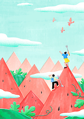 전신 PSD 구름 여자 남자 하늘색 포크 일러스트 상상 조류 동화 산 수박 들기 성인 두명 빨간색 여름 손들기 여름풍경 등산 만세 비행 정상 덩굴 등산객 수박조각 성인만 산맥 국내일러스트 자연요소 식물 동물 식기 계절 컬러 조각 과일 모션 사람 풍경 파란색 트래킹 파일형식 여름_계절