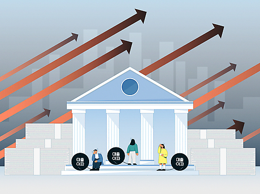 전신 여자 남자 화살표 지폐 일러스트 서기 들기 앉기 성인 세명 회색 좌절 돈다발 은행 상승 불황 대출 금리 경제불황 족쇄 힘듦 성인만 고금리 국내일러스트 AI파일 감정 컬러 컨셉 돈 모션 사람 금융 경제 파일형식 벡터