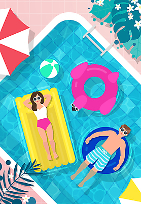 전신 여자 남자 수영복 꽃 물결 일러스트 수영장 미소 웃음 성인 두명 여름 여름휴가 바캉스 선글라스 눕기 파라솔 떠있는 비치볼 즐거움 비치베드 튜브 야자수잎 성인만 플라밍고튜브 국내일러스트 AI파일 식물 옷 계절 감정 안경 잎 공 모션 휴가 바캉스용품 표정 사람 파일형식 벡터 여름_계절