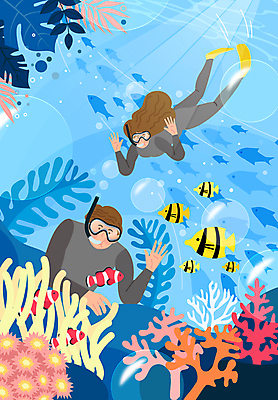 전신 여자 남자 바다 여러마리 일러스트 어류 상반신 성인 두명 여름 파란색 여름휴가 바캉스 스노클링 물안경 오리발 즐거움 손인사 잠수복 스노클링용품 석호 말미잘 엔젤피쉬 열대잎 흰동가리 성인만 물고기떼 국내일러스트 AI파일 옷 계절 감정 스포츠용품 컬러 다수 잎 휴가 사람 수중동물 수상스포츠 인사 자포동물 수영용품 파일형식 벡터 여름_계절