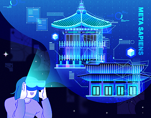 여자 고건축 일러스트 그래프 유물 한옥 한명 상반신 성인 파란색 관찰 정자 홀로그램 가상현실 성인여자한명만 VR기기 메타버스 국내일러스트 AI파일 1 한국전통 전통 건축물 컬러 모션 사람 기계 여자한명만 성인여자만 파일형식 벡터