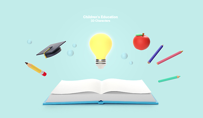 PSD 편집 편집이미지 교육 하늘색 학사모 전구 색연필 아이디어 사람없음 책 연필 3D 사과 디지털합성 오브젝트 교육용품 편집소스 편집3D 모자_잡화 컨셉 과일 졸업 학용품 파란색 필기구 파일형식