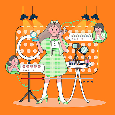 전신 여자 말풍선 일러스트 탁자 조명 들기 상반신 성인 세명 화장 카메라 주황색 화장품 거울 하트 팬 손모양 손모으기 동영상 꽃받침 방송조명 성인여자만 뷰티크리에이터 국내일러스트 AI파일 모양 컬러 가구 모션 사람 손짓 전자제품 뷰티 여자만 성인만 파일형식 벡터 크리에이터 손_신체부위