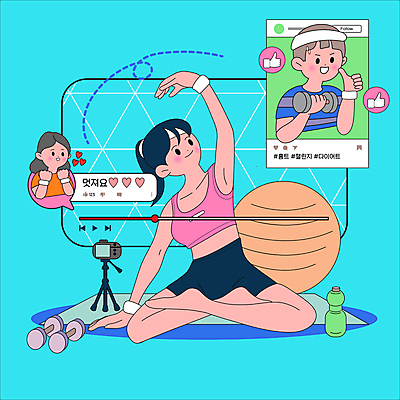 전신 여자 남자 일러스트 응원 웃음 들기 앉기 상반신 성인 세명 파란색 운동 카메라 아령 매트 하트 머리띠 최고 팬 짐볼 물병 동영상 소셜네트워크 성인만 홈트레이닝 유튜버 땀흘리기 국내일러스트 AI파일 모양 컬러 컨셉 장신구 모션 표정 건강 사람 전자제품 물통 파일형식 벡터 크리에이터