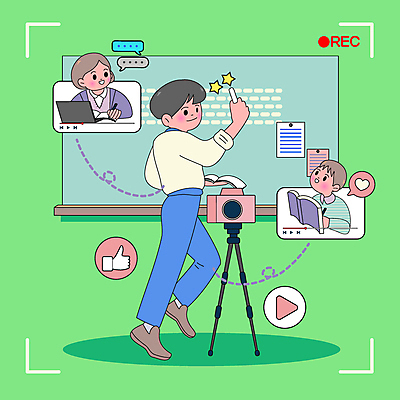 전신 학생 응시 여자 남자 별 말풍선 일러스트 서기 들기 상반신 성인 책 세명 연두색 노트북 카메라 강사 칠판 하트 기록 메모지 최고 팬 강의 분필 방송 재생 삼각대 소통 감탄 녹화 동영상창 성인만 유튜버 국내일러스트 AI파일 자연요소 모양 직업 시선 컨셉 모션 사람 초록색 전자제품 사무용품 초크 동영상 파일형식 벡터 크리에이터