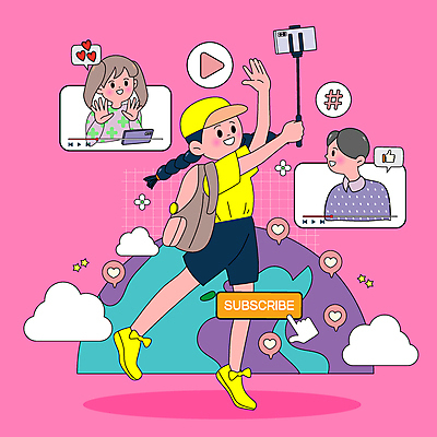 전신 구름 여자 남자 지구 분홍색 여행 말풍선 일러스트 배낭 대화 들기 상반신 성인 세명 스마트폰 하트 팬 손인사 방송 커서 재생 소통 구독 반가움 셀카봉 소셜네트워크 성인만 해시태그 유튜버 국내일러스트 AI파일 자연요소 모양 감정 컬러 컨셉 가방 모션 말하기 사람 핸드폰 스마트기기 인사 특수문자 파일형식 벡터 크리에이터