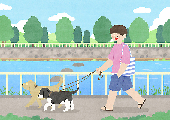 PSD 나무 구름 공원 남자 반려견 가방 일러스트 반바지 한명 웃음 성인 여름 강 운동 걷기 산책 반팔티셔츠 잡기 주머니손 목줄 징검다리 성인남자한명만 국내일러스트 자연요소 식물 1 잡화 계절 공공시설 티셔츠 바지 모션 휴식 표정 건강 사람 반려동물 다리_건축물 개 남자한명만 성인남자만 파일형식 반려용품