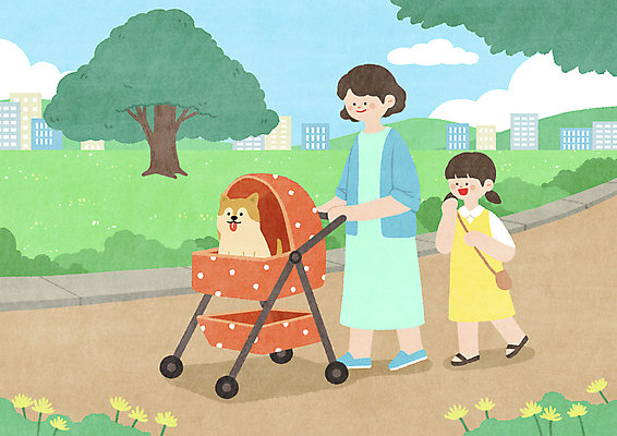 PSD 나무 공원 여자 꽃 반려견 어린이 일러스트 하늘 모녀 웃음 소녀 성인 두명 산책 잡기 강아지 밀기 유모차 여자만 개모차 국내일러스트 식물 공공시설 딸 가족 모션 엄마 휴식 표정 사람 반려동물 아기용품 개 애견용품 파일형식
