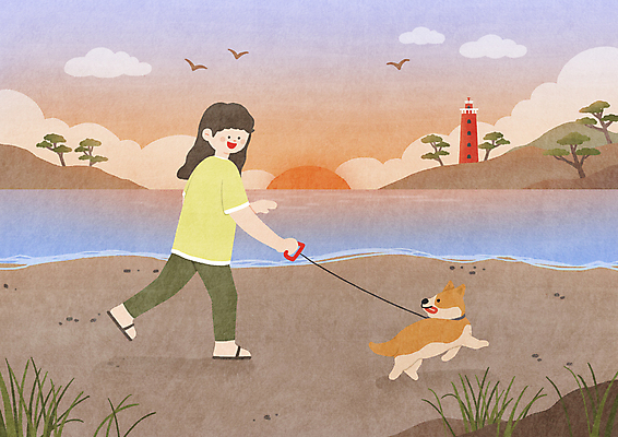 PSD 응시 여자 반려견 일러스트 갈매기 등대 한명 웃음 성인 해변 모래사장 달리기 노을 일몰 산책 돌_바위 잡기 강아지 목줄 성인여자한명만 국내일러스트 자연요소 1 시선 바다 모션 조류 휴식 표정 사람 반려동물 개 여자한명만 성인여자만 파일형식 반려용품