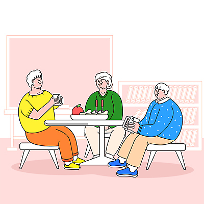 전신 여자 할아버지 노년 남자 할머니 여유 분홍색 포크 의자 일러스트 탁자 티타임 휴식 책장 대화 들기 앉기 세명 실버라이프 칠판 머그컵 차 사과 수다 요양원 담소 노인만 국내일러스트 AI파일 라이프스타일 식기 감정 음료 컬러 가구 컨셉 과일 모션 말하기 사람 성인 컵 성인만 파일형식 벡터