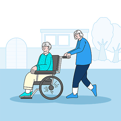 전신 나무 여자 노년 남자 이동 일러스트 휴식 앉기 두명 건물 파란색 실버라이프 담장 걷기 산책 잡기 휠체어 대문 요양원 노인만 국내일러스트 AI파일 식물 라이프스타일 건축물 컬러 컨셉 모션 사람 성인 문 성인만 파일형식 벡터