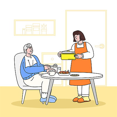 전신 여자 할아버지 노년 남자 의자 일러스트 식탁 선반 서기 들기 앉기 성인 두명 실버라이프 노란색 문 식사 냄비 서랍장 요양 요양원 노인요양 요양보호사 국내일러스트 AI파일 직업 라이프스타일 컬러 가구 모션 탁자 사람 솥 간호 파일형식 벡터