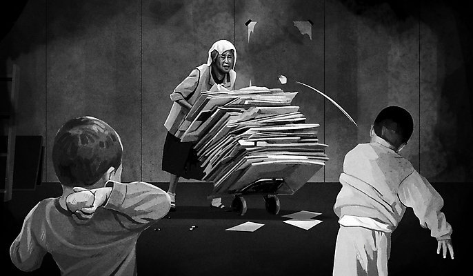 전신 PSD 여자 노년 남자 할머니 어린이 일러스트 서기 들기 소년 상반신 세명 검은색 수레 돌_바위 폭력 범죄 던지기 사회이슈 폐지 폐지수집 폭행 노인학대 패륜 국내일러스트 컬러 컨셉 모션 사람 성인 카트 수집 학대 파일형식