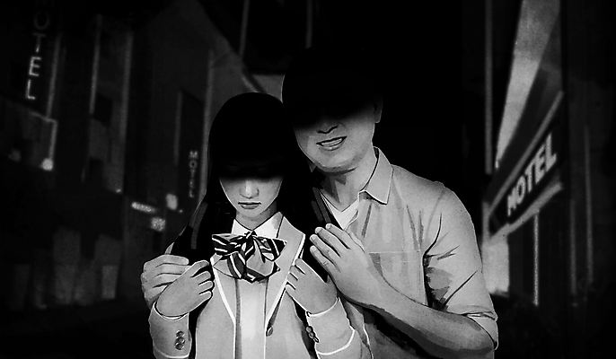 PSD 여학생 여자 남자 교복 일러스트 청소년 거리 미소 상반신 성인 두명 검은색 범죄인 사회이슈 성매매 성범죄 어깨에손 국내일러스트 학생 옷 컬러 컨셉 모션 표정 사람 범죄 파일형식