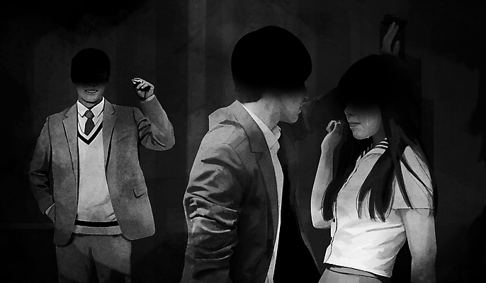 PSD 여학생 여자 남자 교복 남학생 일러스트 청소년 상반신 세명 손들기 검은색 폭력 무서움 사회이슈 위협 눈물 성범죄 청소년범죄 십대만 국내일러스트 학생 옷 감정 컬러 컨셉 모션 사람 범죄 파일형식