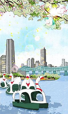 PSD 나무 일러스트 하늘 나뭇잎 그림자 빌딩 사람없음 건물 여름 강 햇빛 여름풍경 오리배 오리보트 가교 국내일러스트 식물 건축물 계절 잎 풍경 태양 파일형식 여름_계절