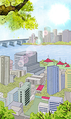 PSD 나무 일러스트 하늘 나뭇잎 빌딩 사람없음 건물 여름 강 햇빛 여름풍경 도시 빌딩숲 가교 국내일러스트 식물 건축물 계절 잎 풍경 태양 파일형식 여름_계절