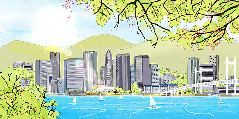 PSD 바다 요트 일러스트 하늘 나뭇잎 산 빌딩 사람없음 건물 여름 햇빛 여름풍경 나뭇가지 해안도시 가교 국내일러스트 나무 건축물 계절 잎 배_교통 풍경 태양 도시 파일형식 여름_계절