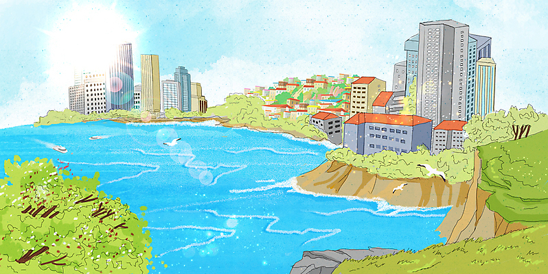 PSD 나무 바다 일러스트 갈매기 하늘 나뭇잎 빌딩 사람없음 건물 여름 햇빛 맑음 여름풍경 해안절벽 국내일러스트 식물 건축물 계절 잎 조류 날씨 풍경 태양 절벽 파일형식 여름_계절