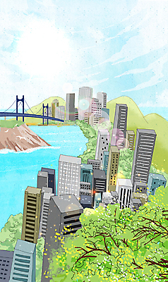 PSD 일러스트 하늘 나뭇잎 산 빌딩 사람없음 건물 여름 강 햇빛 맑음 여름풍경 나뭇가지 도시 빌딩숲 가교 국내일러스트 나무 건축물 계절 잎 날씨 풍경 태양 파일형식 여름_계절