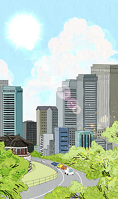 PSD 나무 구름 도로 고건축 일러스트 자동차 하늘 나뭇잎 빌딩 사람없음 건물 여름 햇빛 여름풍경 궁전 도시 국내일러스트 자연요소 식물 건축물 계절 길 육상교통 잎 교통시설 풍경 태양 파일형식 여름_계절