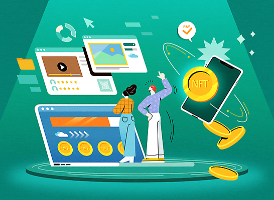 전신 여자 남자 허리손 일러스트 서기 성인 두명 초록색 노트북 스마트폰 쇼핑 가리킴 구매 작품 금화 예술품 스포트라이트 동영상 인터넷창 성인만 가상화폐 NFT 국내일러스트 AI파일 컬러 포즈 돈 인터넷 모션 미술 사람 손짓 전자제품 핸드폰 스마트기기 황금 파일형식 벡터