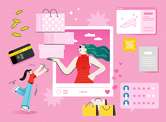 전신 여자 구두 분홍색 허리손 말풍선 일러스트 서기 들기 상반신 성인 두명 쇼핑 상자 쇼핑백 동전 하트 신용카드 알림 온라인쇼핑 영수증 모바일쇼핑 열광 손뻗기 QR코드 다리들기 별점 소셜네트워크 성인여자만 인플루언서 국내일러스트 AI파일 모양 컬러 포즈 신발 돈 가방 모션 사람 금융 점수 평가 온라인 여자만 성인만 파일형식 벡터 유명인