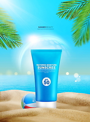 PSD 편집이미지 바다 하늘색 해변 사람없음 여름 모래사장 뷰티 화장품 보호 비치볼 선크림 스킨케어 야자수잎 이미지편집 계절 컨셉 잎 공 바캉스용품 파란색 파일형식