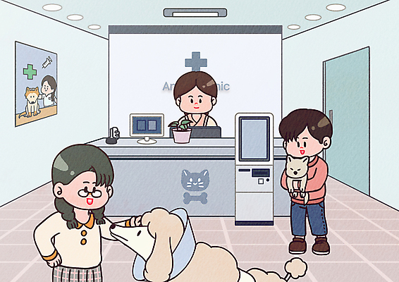 전신 PSD 여자 남자 포스터 반려견 하늘색 일러스트 세마리 서기 여러명 상반신 성인 반려동물 태블릿 문 복도 강아지 동물병원 수의사 십자모양 키오스크 성인만 들어올리기 쓰다듬기 국내일러스트 모양 동물 다수 모션 병원 3 사람 파란색 전자제품 스마트기기 의사 개 십자 파일형식