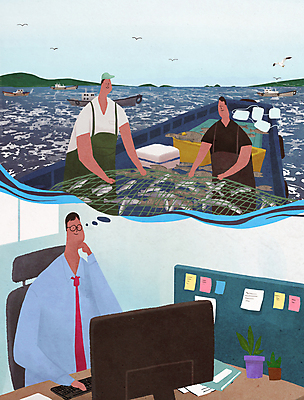 PSD 남자 바다 말풍선 생각 여러마리 일러스트 회사 갈매기 작업복 어류 어업 상반신 성인 세명 파란색 컴퓨터 사무실 턱괴기 비즈니스맨 그물 어선 어부 책상 어촌 성인남자만 귀어 국내일러스트 직업 옷 산업 컬러 가구 다수 배_교통 비즈니스 모션 조류 사람 전자제품 수중동물 시골 직장인 남자만 성인만 파일형식