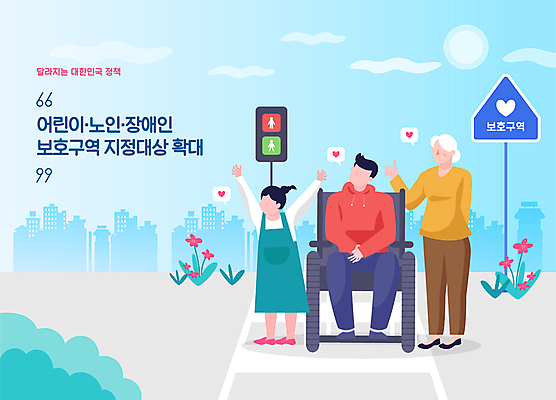 전신 여자 노년 남자 꽃 어린이 하늘색 말풍선 일러스트 서기 앉기 소녀 성인 세명 만세 하트 최고 표지판 횡단보도 확대 장애인 사회복지 휠체어 노약자 보호구역 정부정책 얼굴없음 국내일러스트 AI파일 모양 식물 모션 알림판 사람 파란색 보행로 복지 장애 구역 정책 파일형식 벡터