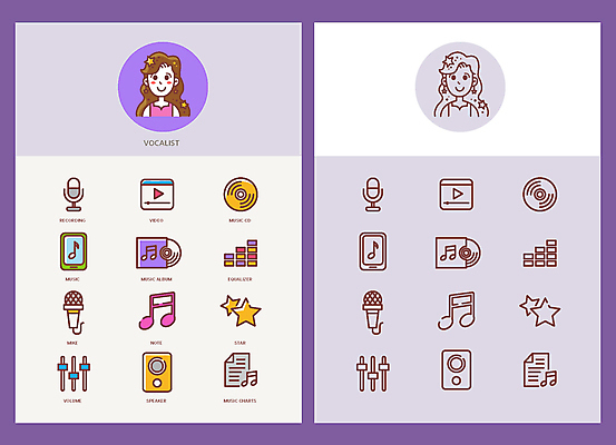 아이콘 여자 별 음악 음표 미소 상반신 성인 두명 스피커 가수 CD 녹음 음반 볼륨 라인아트 라인아이콘 마이크 동영상 녹음장비 서류판 이퀄라이저 플레이어 성인여자만 2D아이콘 AI파일 자연요소 기호 선 음향기기 문화예술 표정 사람 사무용품 음악가 기록 여자만 성인만 파일형식 벡터 녹음_기록