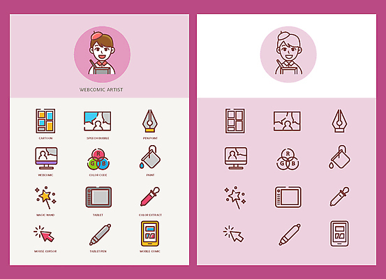 아이콘 남자 컬러 말풍선 상반신 성인 두명 태블릿 만년필 페인트 그리기 만화 스포이트 라인아트 라인아이콘 페인트통 모바일웹 커서 마법봉 화가모자 성인남자만 웹툰작가 2D아이콘 AI파일 모자_잡화 선 모션 통 사람 전자제품 스마트기기 펜 작가 피펫 남자만 성인만 파일형식 벡터