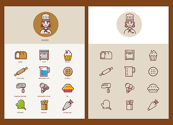 아이콘 여자 요리사모자 상반신 성인 두명 종이봉투 쿠키 오븐 바게트 컵케이크 식빵 라인아이콘 파이 거품기 머핀 밀대 계량스푼 주방장갑 계량컵 반죽밀대 제빵사 짤주머니 성인여자만 2D아이콘 AI파일 직업 모자_잡화 빵 장갑 주방용품 디저트 봉투 사람 컵 케이크 요리사 가전제품 제빵도구 계량 여자만 성인만 파일형식 벡터