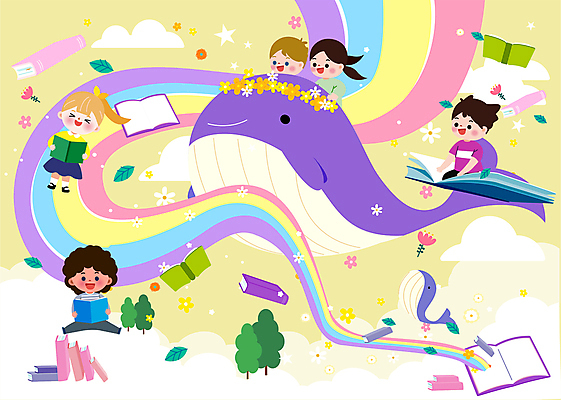 전신 나무 구름 여자 남자 꽃 행복 어린이 무지개 두마리 일러스트 들기 소녀 소년 여러명 상반신 책 독서 화관 비행 승차 고래 즐거움 어린이상상 어린이만 연노랑색 국내일러스트 AI파일 자연요소 식물 감정 다수 2 포유류 모션 상상 사람 노란색 수중동물 파일형식 벡터