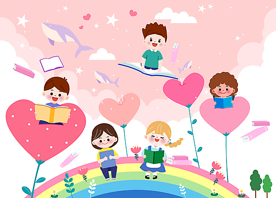 전신 나무 구름 여자 남자 별 어린이 분홍색 무지개 일러스트 하늘 들기 앉기 소녀 소년 여러명 상반신 책 독서 하트 비행 승차 고래 즐거움 어린이상상 하트꽃 어린이만 국내일러스트 AI파일 자연요소 모양 식물 꽃 감정 컬러 다수 포유류 모션 상상 사람 수중동물 파일형식 벡터