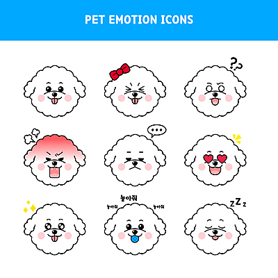 반려견 얼굴 말풍선 스티커 여러마리 일러스트 무표정 표정 사람없음 파란색 세트 장난감 귀여움 희망 분노 물음표 하트 잠 강아지 물기 지루함 즐거움 메롱 이모티콘 의문 놀기 리본핀 비숑프리제 국내일러스트 AI파일 모양 기호 감정 컬러 다수 컨셉 모션 신체부위 반려동물 개 머리핀 파일형식 벡터