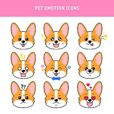 반려견 안경 얼굴 분홍색 스티커 여러마리 일러스트 나비넥타이 무표정 표정 윙크 입벌림 미소 사람없음 세트 귀여움 놀람 기쁨 물음표 하트 강아지 느낌표 즐거움 메롱 이모티콘 의문 웰시코기 국내일러스트 AI파일 모양 기호 잡화 감정 컬러 다수 컨셉 모션 넥타이 신체부위 반려동물 개 파일형식 벡터