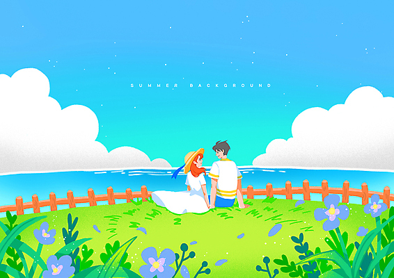 PSD 구름 모자 커플 원피스 여자 남자 꽃잎 꽃 여유 바다 일러스트 하늘 휴식 함께함 사랑 앉기 상반신 성인 두명 여름 마주보기 맑음 화목 여름풍경 풀 풀잎 나무울타리 성인만 국내일러스트 자연요소 식물 잡화 옷 계절 감정 컨셉 잎 관계 모션 날씨 사람 풍경 울타리 풀_식물 파일형식 여름_계절