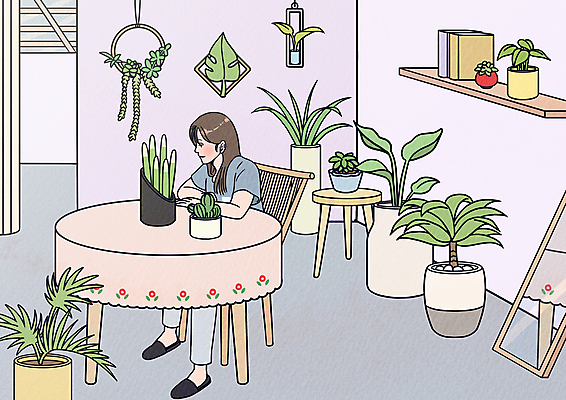 전신 PSD 여자 화분 의자 일러스트 탁자 선반 한명 앉기 상반신 성인 책 거울 성인여자한명만 플랜테리어 홈가드닝 반려식물 국내일러스트 식물 1 가구 모션 사람 인테리어 원예 여자한명만 성인여자만 파일형식